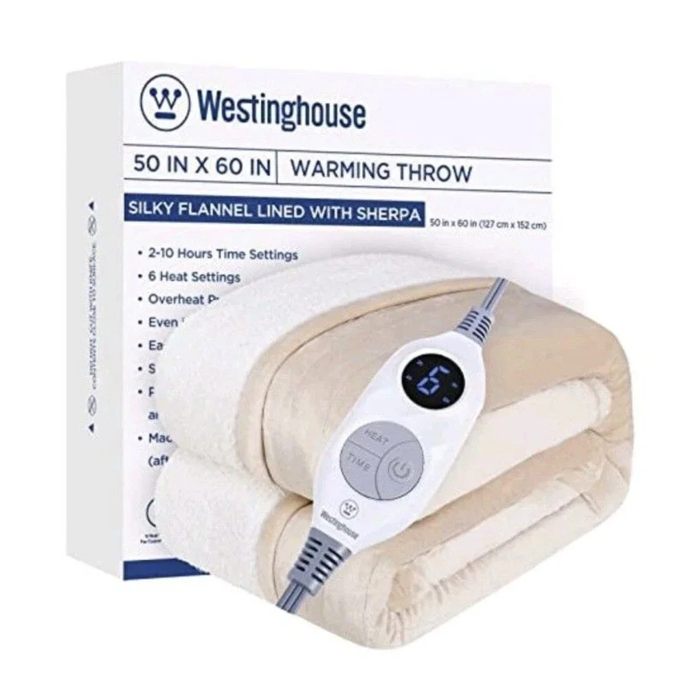 Westinghouse Heated Electric Blanket Beige Silky Flannel Sherpa 50